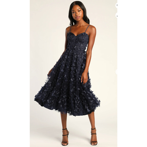 Lulus Time to Fly Navy Blue 3D Butterfly Lace-Up Midi Dress Size Small - Picture 10 of 14